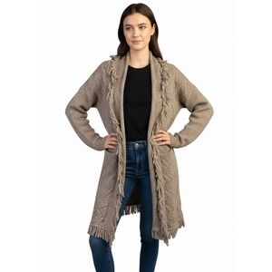 Debut Cardigan Sweater XS Open Front Brown‎ Taupe Fringe Ribbed Cozy Boho NEW